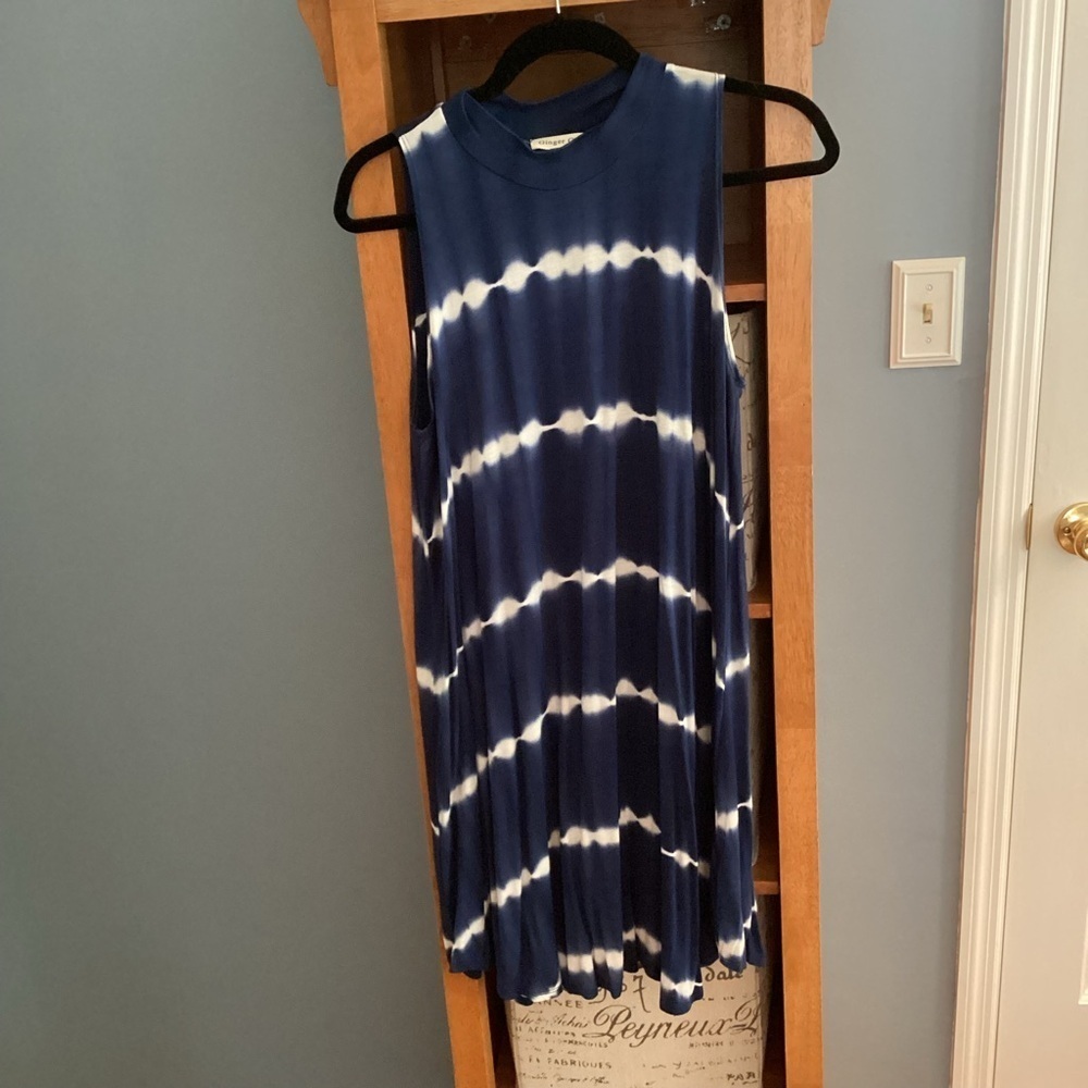 Ginger G casual A-line sleeveless dress, blue/ white pattern, size L
